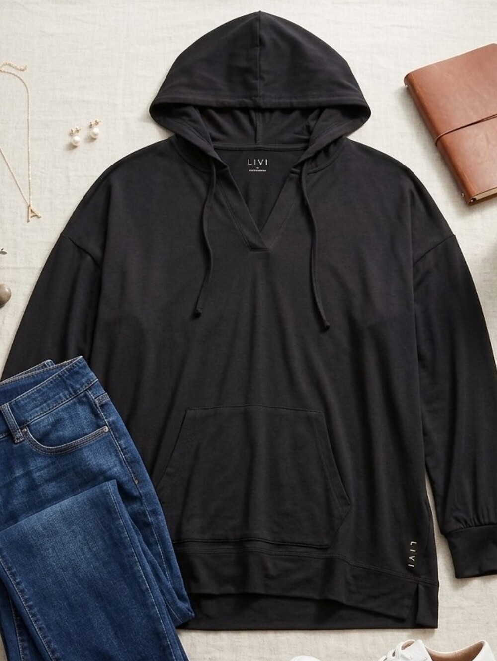 Livi for Lane Bryant Black V-Neck Hooded Pullover
